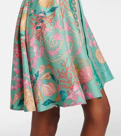 Versace Underwater Barocco Foulard Belted Silk Twill Dress In Green