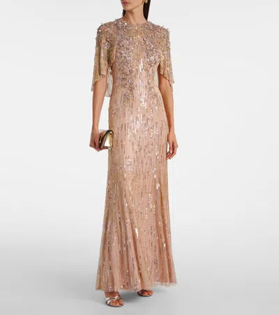 Jenny Packham Astra Sequined Caped Gown