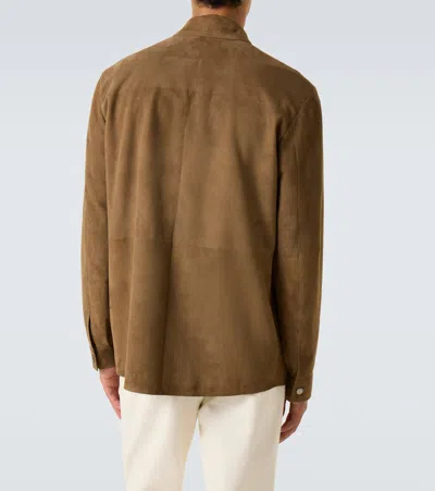 Canali Solid Suede Overshirt In Brown