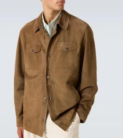 Canali Solid Suede Overshirt In Brown