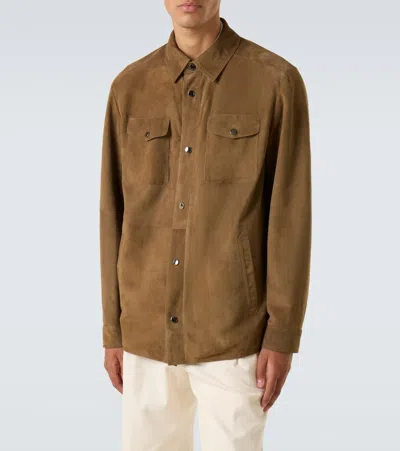 Canali Solid Suede Overshirt In Brown