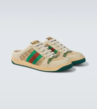 Gucci Screener Gg Canvas Leather-trimmed Mules In Neutral