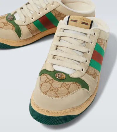 Gucci Screener Gg Canvas Leather-trimmed Mules In Neutral