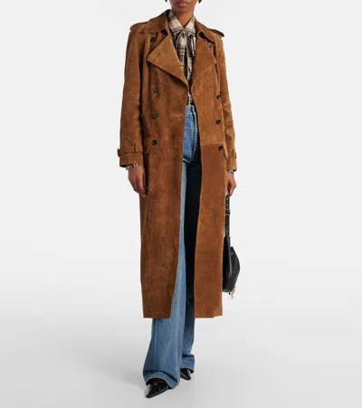 Saint Laurent Double Breasted Belted Trench Coat In Brown