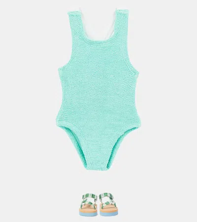 Hunza G Lara Bow-detail Ruffled Swimsuit In Blue