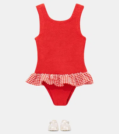 Hunza G Duo Denise Checked Ruffled Swimsuit In Red