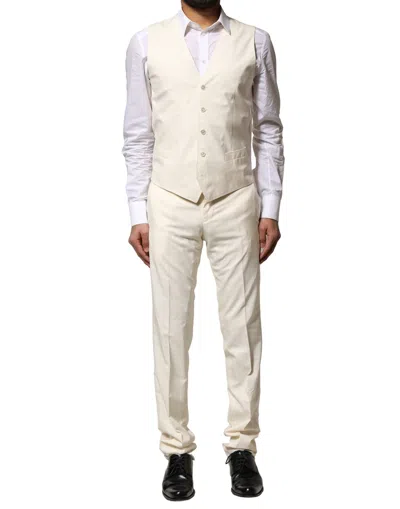Pre-owned Dolce & Gabbana Ivory Wool 3 Piece Single Breasted Men's Suit () In White