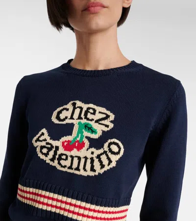 Valentino Cotton Sweater Crew Neck Long Sleeves In Blue
