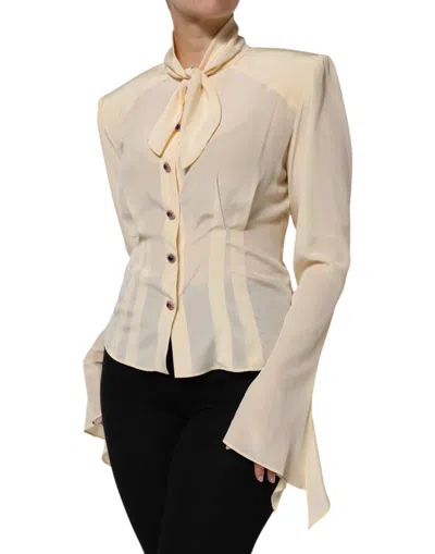 Pre-owned Dolce & Gabbana Light Yellow Ascot Collar Buttoned Blouse Women's Top ()