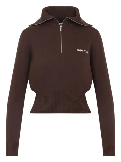Miu Miu Knit Ls Polo Long Sleeves In Brown
