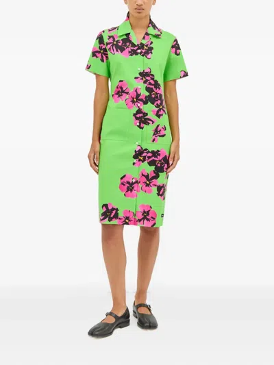 Miu Miu Floral-print Button-front Dress In Green