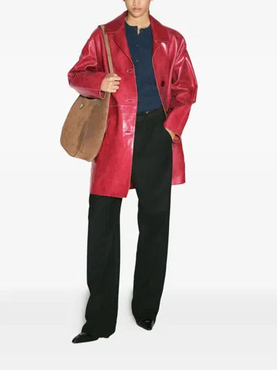 Prada Button-fastening Leather Coat In Burgundy