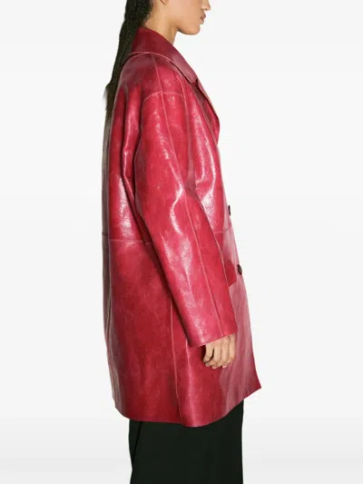 Prada Button-fastening Leather Coat In Burgundy