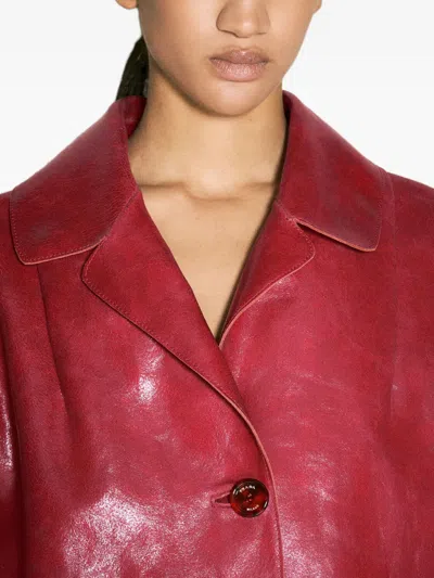 Prada Button-fastening Leather Coat In Burgundy