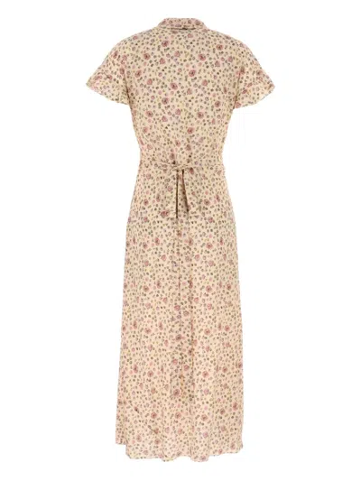 Miu Miu Silk Dress With Floral Pattern And Tie Waist In Neutral