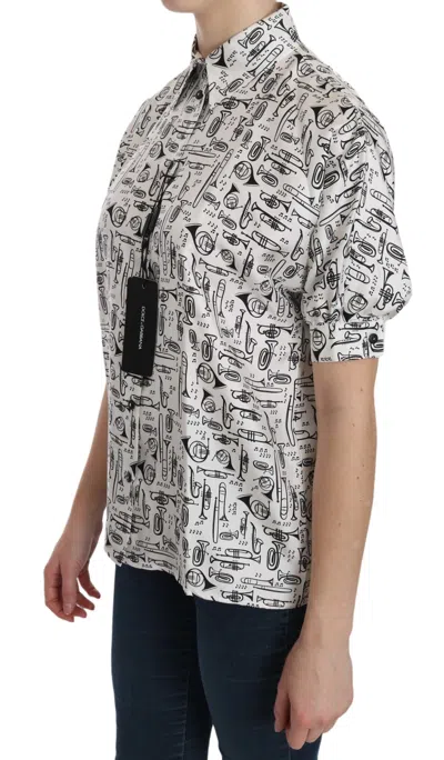 Dolce & Gabbana Musical Instrument Print Silk Collared Women's Top