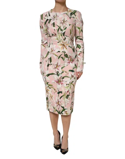 Pre-owned Dolce & Gabbana Pink Lily Viscose Sheath Stretch Midi Women's Dress ()