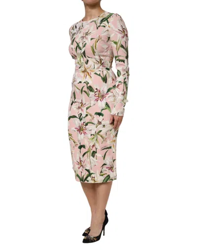 Pre-owned Dolce & Gabbana Pink Lily Viscose Sheath Stretch Midi Women's Dress ()