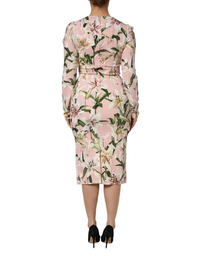 Pre-owned Dolce & Gabbana Pink Lily Viscose Sheath Stretch Midi Women's Dress ()
