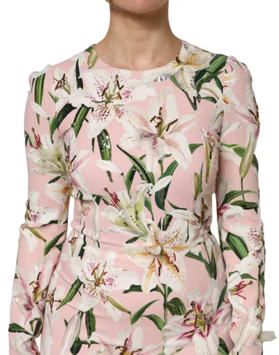 Pre-owned Dolce & Gabbana Pink Lily Viscose Sheath Stretch Midi Women's Dress ()
