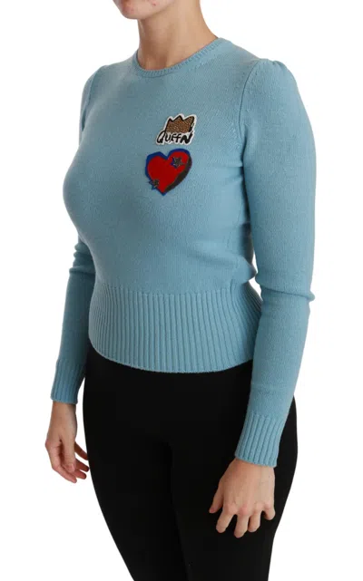 Dolce & Gabbana Blue Wool Queen Heart Pullover Sweater In Blue