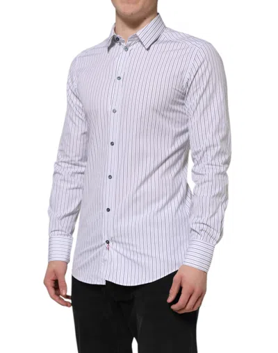 Dolce & Gabbana White Blue Striped Cotton Gold Formal Shirt In White