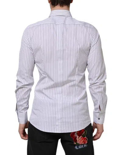 Dolce & Gabbana White Blue Striped Cotton Gold Formal Shirt In White