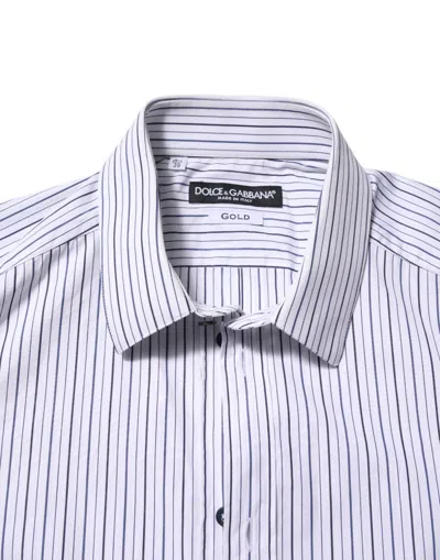 Dolce & Gabbana White Blue Striped Cotton Gold Formal Shirt In White