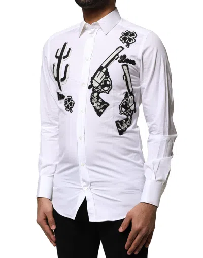 Pre-owned Dolce & Gabbana White Gold Embroidery Detailed Dress Men's Shirt ()