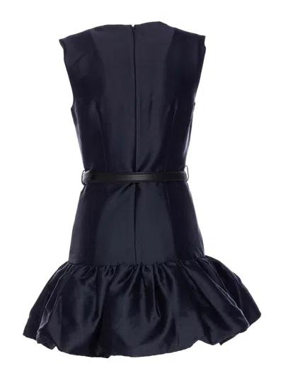 Self-portrait Crew Neck Taffeta Mini Dress With Ruffled Hem In Blue