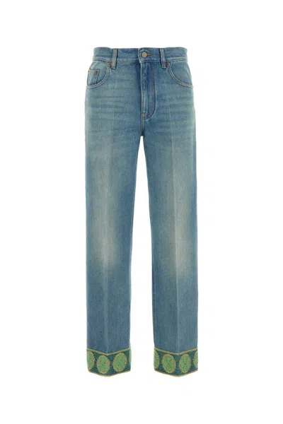Valentino Heart Court Straight Jeans With Embroidered Hem In Blue