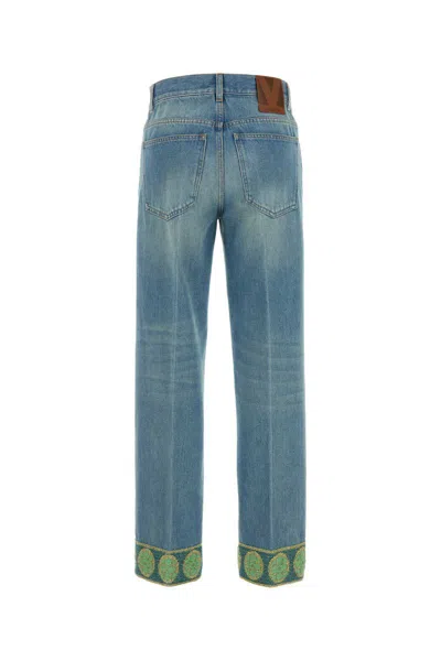 Valentino Heart Court Straight Jeans With Embroidered Hem In Blue