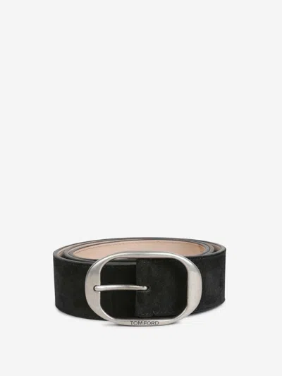 Tom Ford Oval-buckle Suede Belt In Black