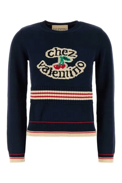 Valentino Cotton Sweater Crew Neck Long Sleeves In Blue
