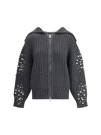 Pinko Crystal-embellished Ribbed Cardigan In Gray