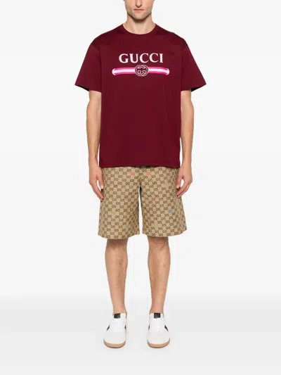 Gucci Men Beige Bermuda Pants With Belt Loops In Gg Canvas Man