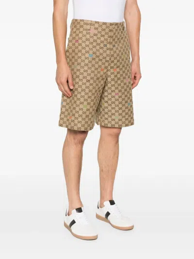 Gucci Men Beige Bermuda Pants With Belt Loops In Gg Canvas Man