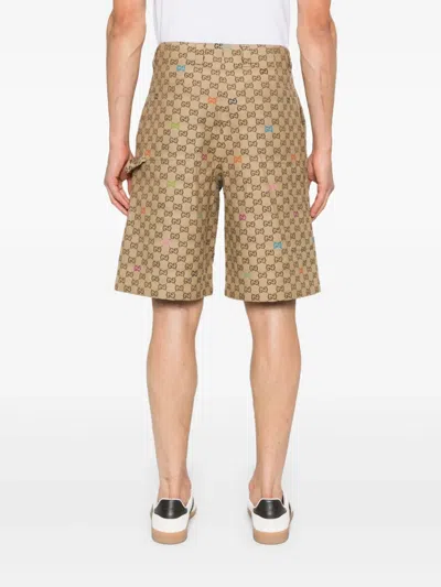 Gucci Men Beige Bermuda Pants With Belt Loops In Gg Canvas Man