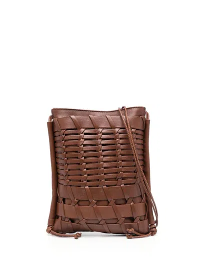 Hereu Trena Brown Flat Square Crossbody Bag In Handwoven Leather Woman