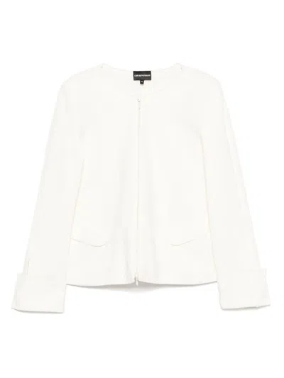 Emporio Armani Cotton Blazer Jacket With Shoulder Pads And Side Slit Pockets In White