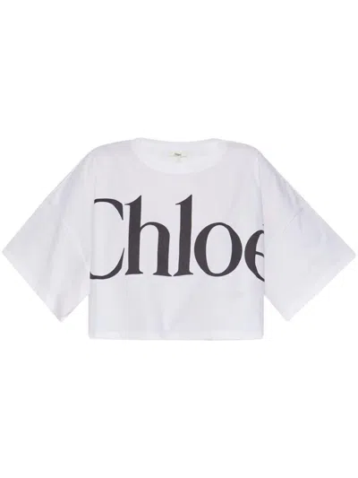 Chloé White Cropped Crewneck T-shirt With Maxi Logo Print On The Front In Cotton Woman