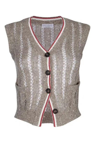 Brunello Cucinelli V-neck Sleeveless Knit Vest Design In Gray