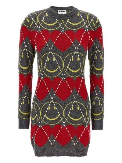 Moschino Wool Blend Mini Dress With Diamond-stitched Pattern In Multi