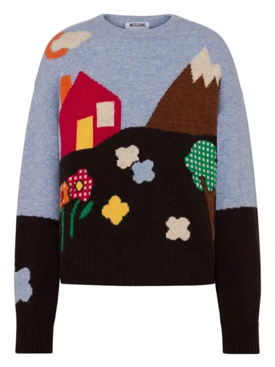 Moschino Shetland Wool Sweater With Landscape Intarsia In Multi