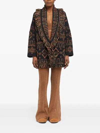 Alanui Fringe Detailing Wool Blend Cardigan In Black