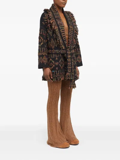 Alanui Fringe Detailing Wool Blend Cardigan In Black