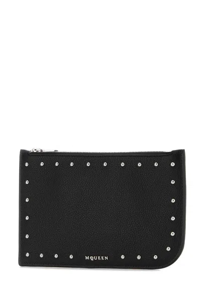 Alexander Mcqueen Textured Leather Wallet With Metallic Studs In Black