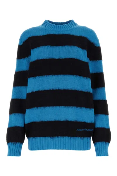 Alexander Mcqueen Multicolor Embroidered Cotton Blend Sweater In Blue