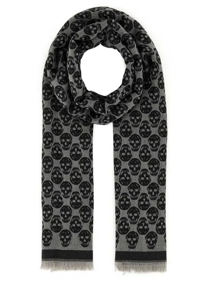 Alexander Mcqueen Wool Blend Embroidered Scarf With Skull Pattern In Black