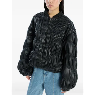Rotate Birger Christensen Faux Leather Pleated Bomber Jacket In Black